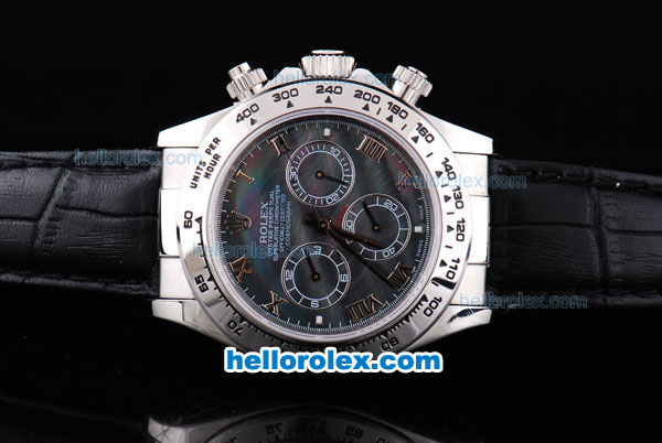 Rolex Daytona Oyster Perpetual Automatic with White Bezel,Black MOP Dial and Roman Marking-Black Leather Strap - Click Image to Close